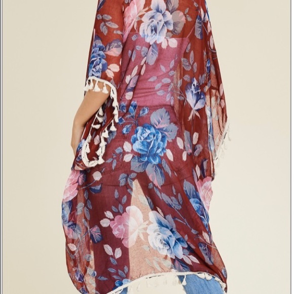 Burgundy Floral Tassel Kimono - Picture 2 of 3